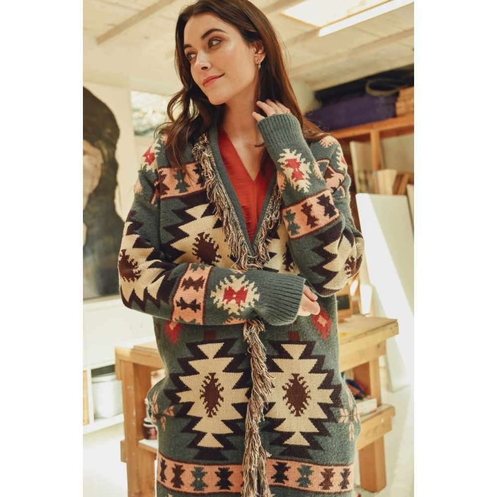 Sage Aztec Print Fringe Cardigan - Picture 2 of 6